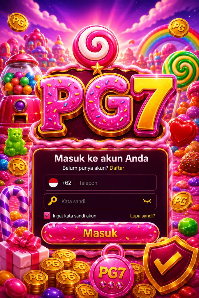 PG7 login dengan tema Sweet Bonanza penuh permen warna-warni dan nuansa ceria